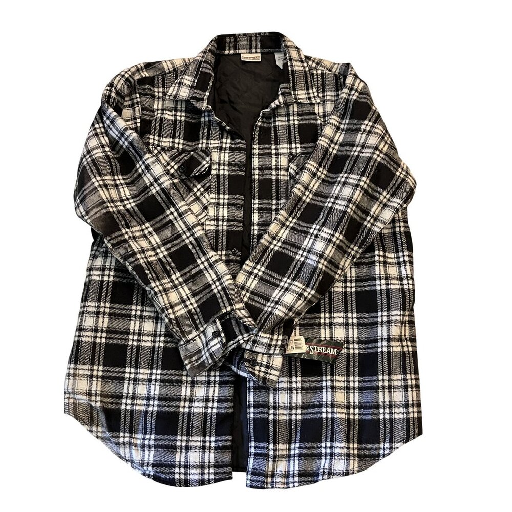 Vintage Field & Stream Lined Flannel Black White Plaid Button Down Shirt XL NWT